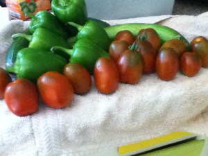 Here are some Purple Rusian tomatoes in repose with bell peppers and cucumber.