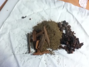 Meanwhile, we infused vinegar with spices.  I wrapped them up in a clean white hanky and tied with cotton string.