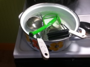 Here are all the tools getting sanitized in a boiling water bath.