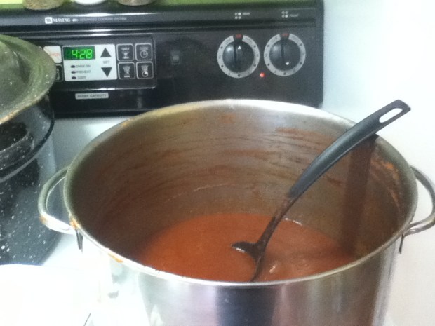 After about four and a half hours (remember-this takes time!)  much of the water had bubbled away from the tomato mixture. 