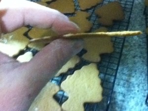 When the edges are just getting toasty brown, pull the sheet from the oven.  Use a thin spatula to move your cookies from the cookie sheet to a cooling rack. (I couldn't take pictures of this step because it takes both hands.) Be quick here! The cookies get hard and brittle quickly after your take them out of the oven. And that is just what makes Moravian Spice cookies so amazing. Look how thin! Think how crisp!