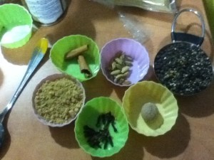 Here is what the spices look like before grinding (except the ginger which was already ground).