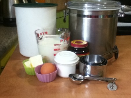 Flour, sugar, egg, butter, milk, and salt. You have those things, right? If you need to pick up some yeast it is usually in the cold section of the grocery store near dairy and eggs.