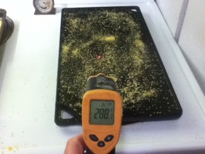 I used a laser thermometer to make sure the temperature was just about even across the surface of the griddle. It was still a little hotter i the spots right over the burners.