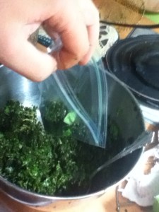 I scooped the chopped basil in to zipper bags. I used the little "snack size onesand eyeballed a third to a half cup of chopped leaves into each one. Squeeze the air out, seal, and pop them in the freezer. 