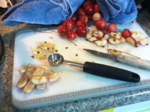 I left the peels on for color, but the cores had to go. The easiest way to remove them- quarter the fruits and scoop out the core and seeds with a melon baler.  The 7-ish pounds of apples took me 3 and a half hours to core. 