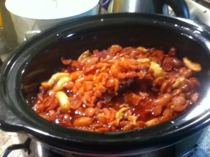 Here are those apples the next morning- very well cooked. I hit them with a hand blender to get a smooth paste. The peels disappeared.