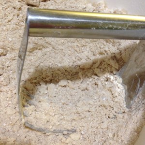 Here is the mixture, mid-blend. Note there are still some large butter chunks. Got to keep blending.