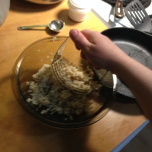 To get the rice to stick together I mixed the seasonings in using my trusty pastry blender. It cut through the husks of the brown rice, exposing the adhesive nature of the starch within each grain.