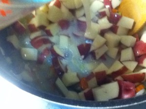 Potato selection is another point of argument in New England chowder production. I prefer red skinned potatoes, with the skins on. I could come up with some rhetorical defense for my skin-on position, but the fact is my potato peeler is trying to kill me, so I leave the skins on nearly everything, lest my entire income be spent on bandages and antibiotic ointment.