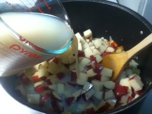 Here's the liquid from six 6.5 oz cans of clams. Let the potatoes simmer for 20-ish minutes or until cooked through. The time really depends on how small your potato chunks are.