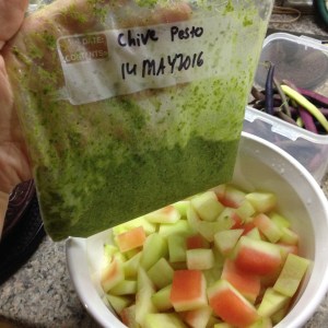 That's right, I still have some chive pesto in my freezer from the beginning of chive season. Also, if you are wondering, it is still chive season. 