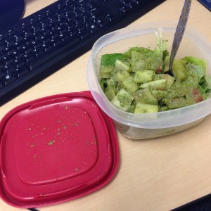 After an overnight nap in the fridge covered with pesto I had the best lunch in the office- melon rind on heirloom homegrown lettuce.