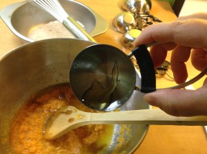 Lacking maple syrup, I used local honey. Make your life easier and lightly oil the measuring cup. The honey slides right out. (You can also rub the butter wrapper into the cup- it does the same thing,)