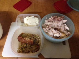 Here's what we need for the filling- turkey, stuffing, and mashed potato- equal parts of each ingredient.