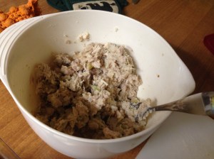 Smash that together with a fork so the ingredients are evenly distributed. I bet left over squash would work just as well as potatoes.